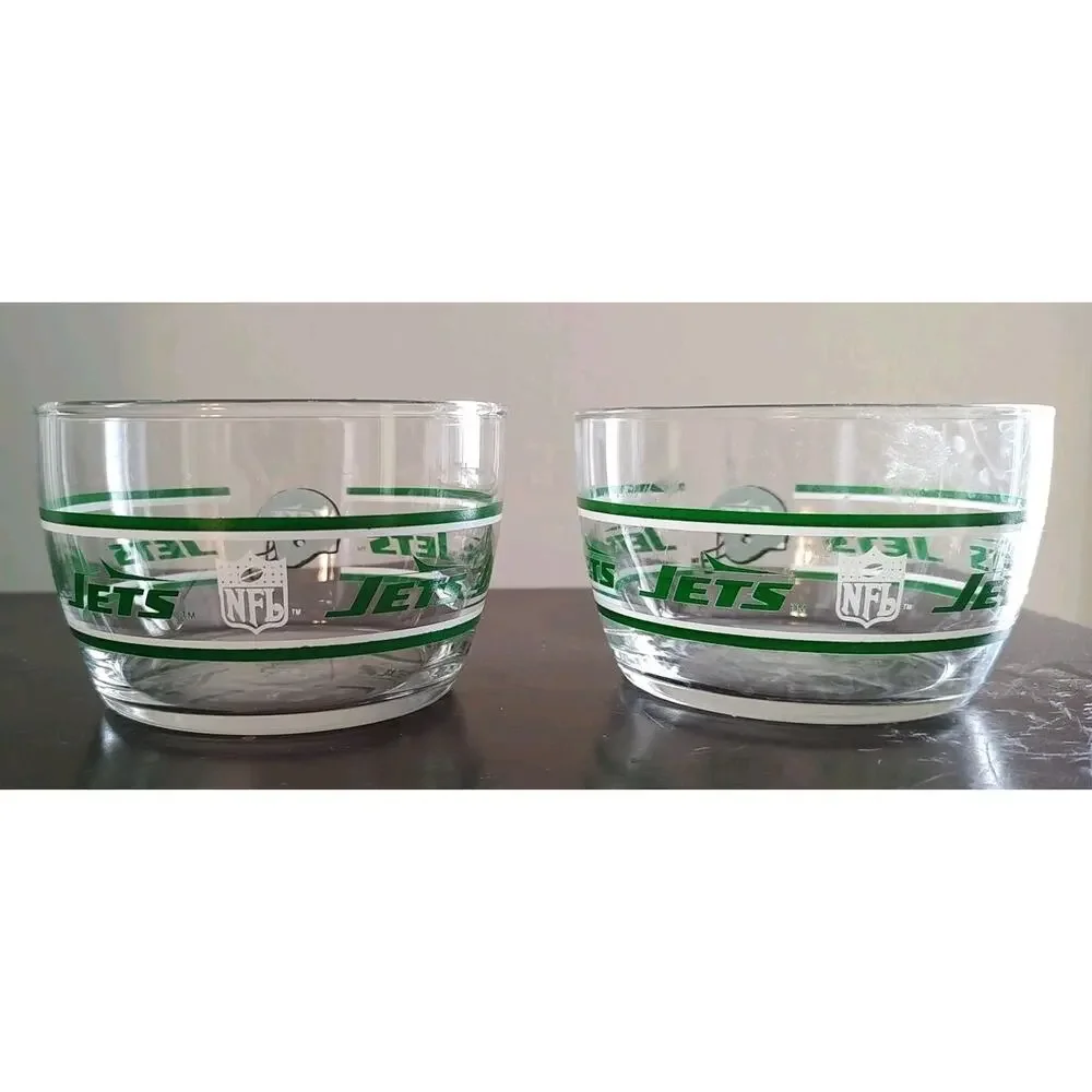 Pair of 2 Vintage New York Jets Glass Snack Bowl Libbey NFL Football